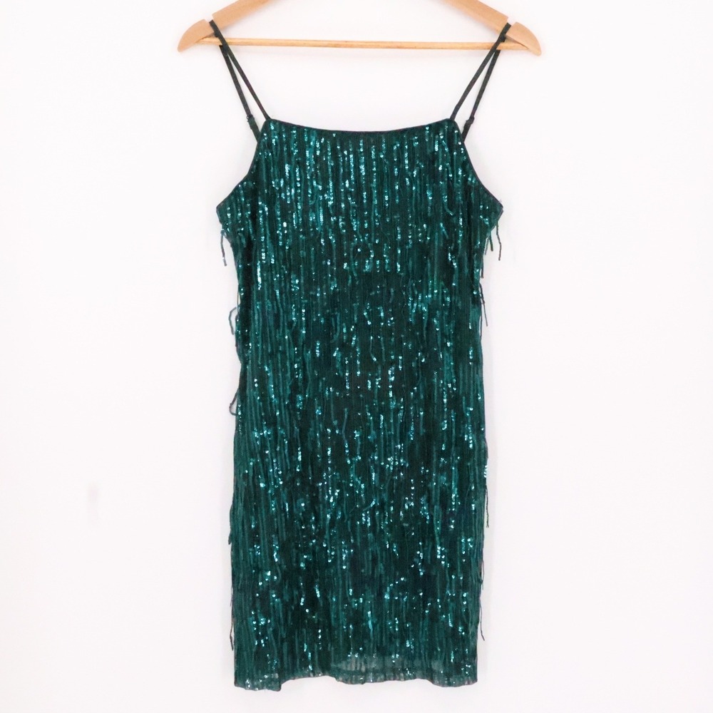 Y2K Trixxi Sequin Fringe Slip‎ Dress Emerald Green Party Evening Cocktail Size M